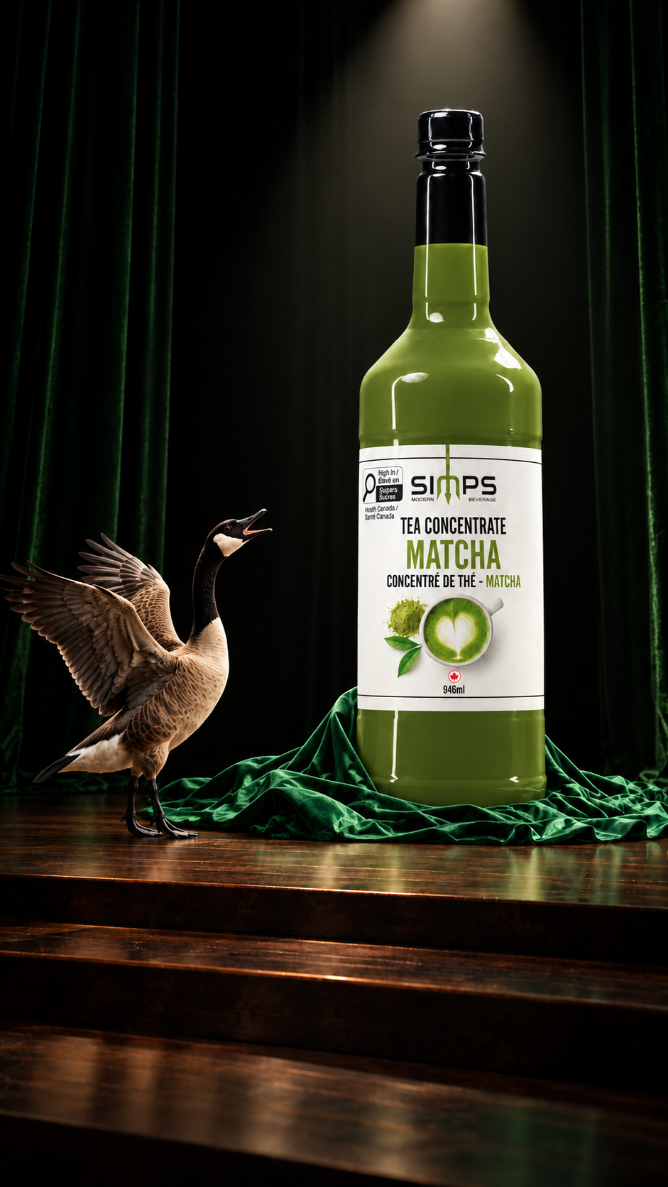 A bottle of SIMPS Matcha Tea Concentrate on a theatre stage in a spotlight, with Dash the Canada goose announcing its arrival