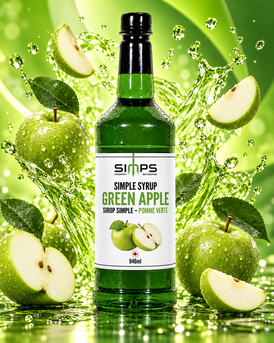 SIMPS Green Apple simple syrup, 946 ml bottle, surrounded by fresh green apples and a water splash