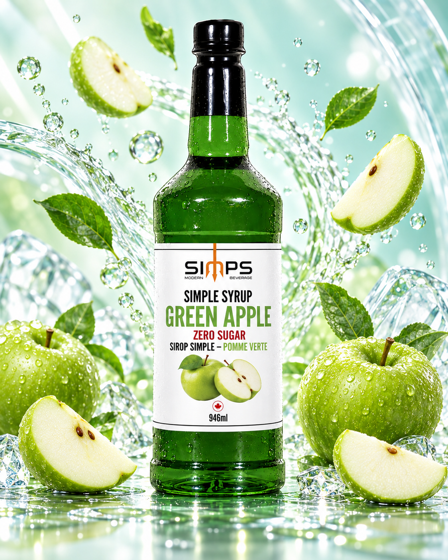 SIMPS Green Apple Zero Sugar simple syrup, 946 ml bottle, surrounded by fresh green apples and ice