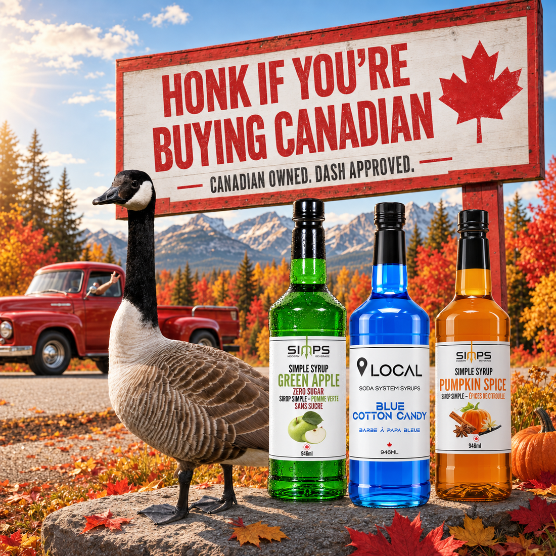 A Canada goose beside SIMPS Green Apple, Blue Cotton Candy and Pumpkin Spice syrup bottles under a roadside sign reading Honk If You're Buying Canadian, Canadian owned, Dash approved