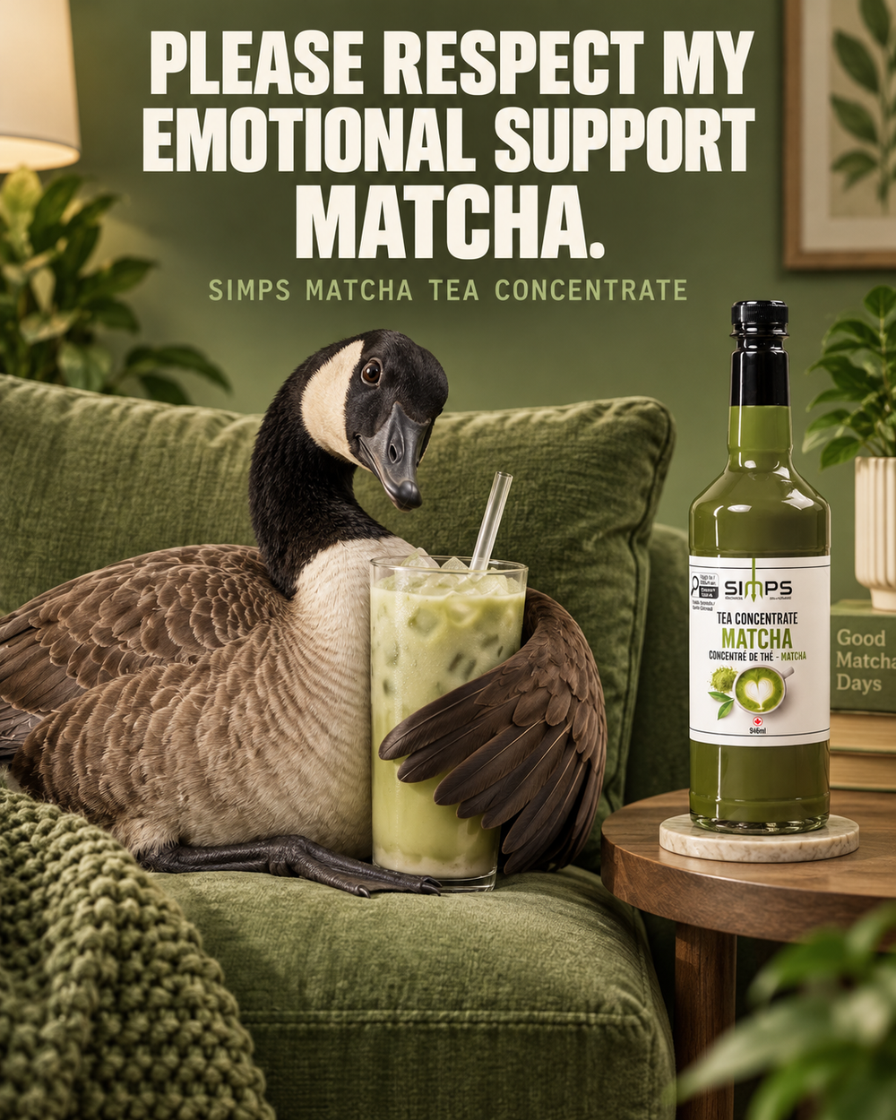 Dash the Canada goose on a green sofa holding an iced matcha latte beside a bottle of SIMPS Matcha Tea Concentrate